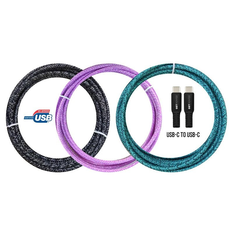 GetPower GP-XL-BRDC-C Power Delivery Braided Charging Cable, USB-C, USB-C, 10 ft Cable, Assorted Colors