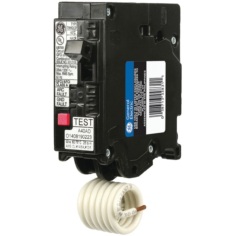 GE THQL1120DFP Circuit Breaker, AFCI, Dual Function, GFCI, 20 A, 1 -Pole, 120/240 VAC, Plug Mounting