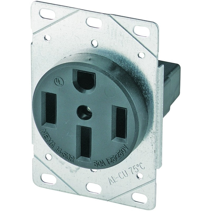 Eaton Cooper Wiring 1258-SP Power Receptacle, Flush Mounting, 3-Pole, 125/250 V, 50 A, NEMA: NEMA 14-50R, Black