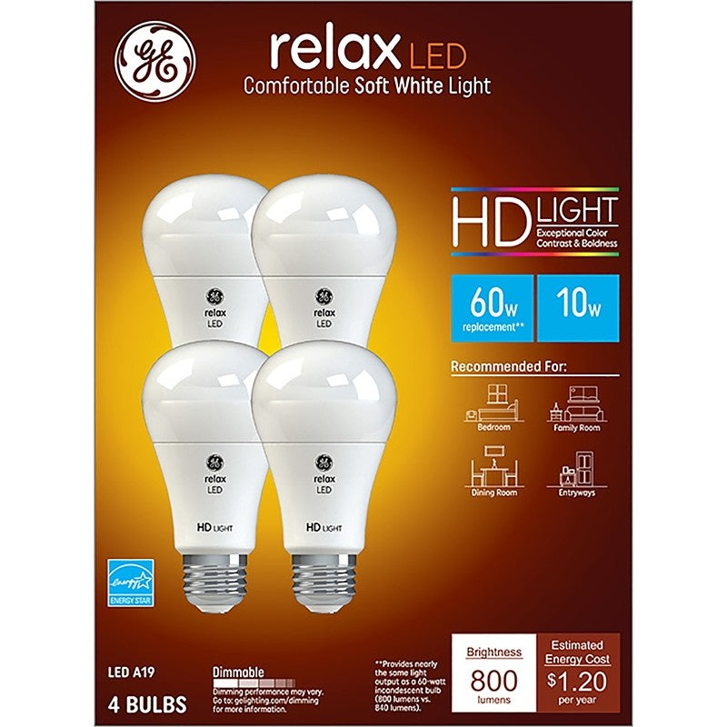 GE 96687 LED Bulb, General Purpose, 800 Lumens, 10 W, A19 Lamp, 60 W Equivalent, E26 Lamp Base, Dimmable, Soft White