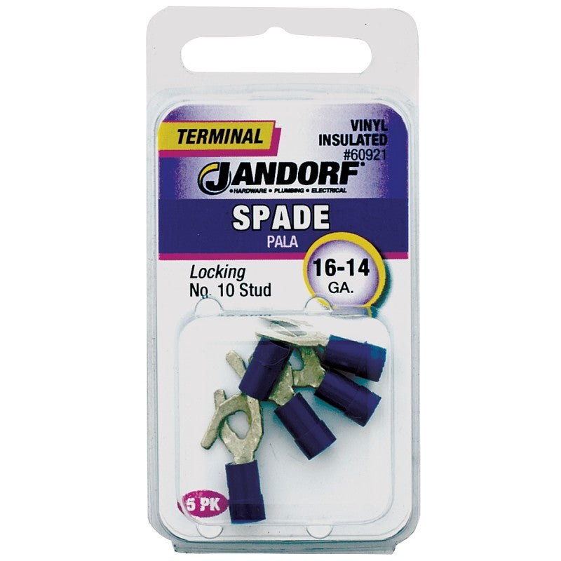 Jandorf 60921 Spade Terminal, 600 V, 16 to 14 AWG Wire, #10 Stud, Vinyl Insulation, Copper Contact, Tin, Blue, 5/PK