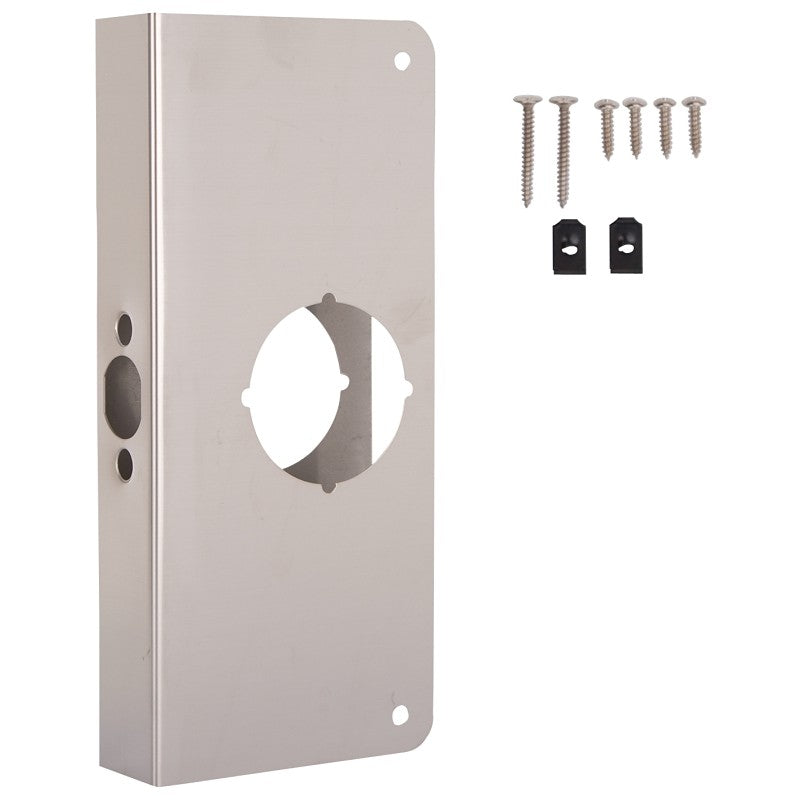 ProSource HSH-048SBN-PS Door Reinforcer, 2-3/8 in Backset, 1-3/8 in Thick Door, Steel, Satin Nickel, 9 in H, 4 in W