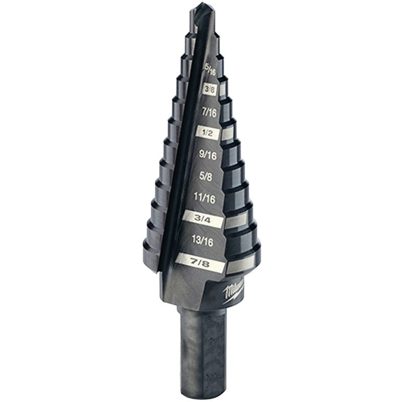 Milwaukee 48-89-9204 Step Drill Bit, 3/16 to 7/8 in Dia, 2-61/64 in OAL, 2-Flute, 3/8 in Dia Shank, Flat Shank