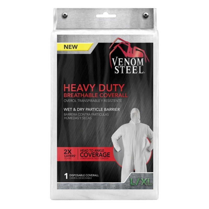 Venom Steel VENCV300 Coveralls with Hood, L/XL, Unisex, Zipper, Fabric, White