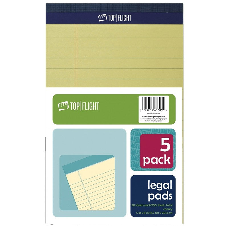 Top Flight 8105/5 Series 4513090 Legal Pad, 8 in L x 5 in W Sheet, 50-Sheet, Canary Yellow Sheet (Pack of 12)