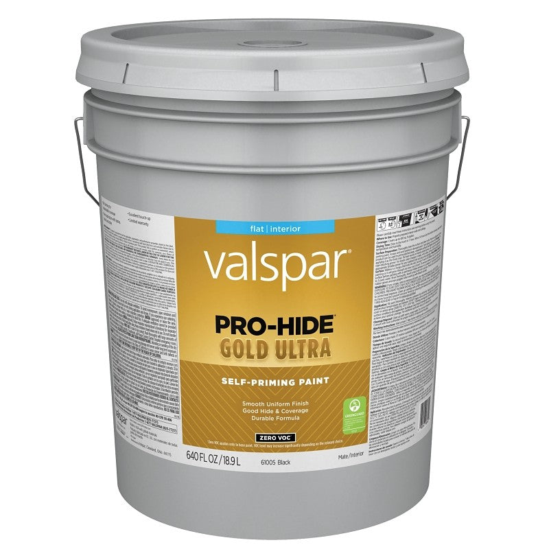 Valspar Pro-Hide Gold Ultra 6100 028.0061005.008 Latex Paint, Acrylic Base, Flat, Black, 5 gal, Plastic Pail