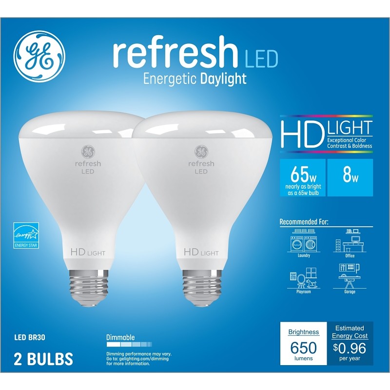 GE 93129888 LED Bulb, BR30 Lamp, 65 W Equivalent, E26 Lamp Base, Dimmable, Daylight Light, 5000 K Color Temp