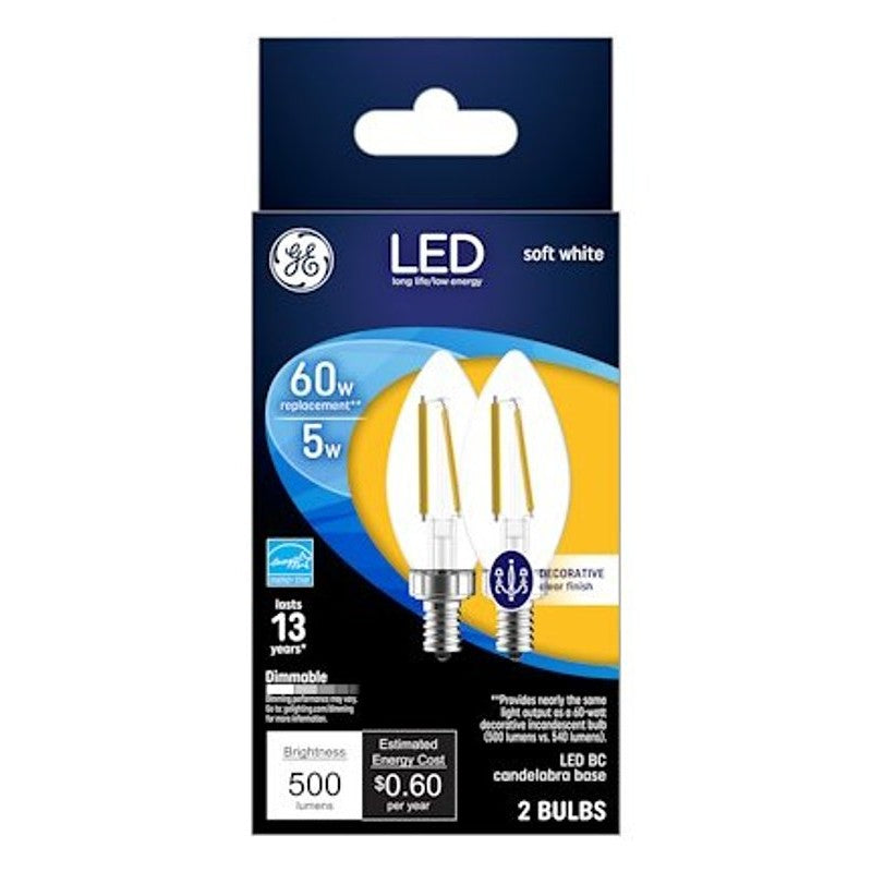 GE 93129347 Decorative LED Light Bulb, BC Lamp, 60 W Equivalent, E12 Candelabra Lamp Base, Dimmable, Clear, Soft White Light
