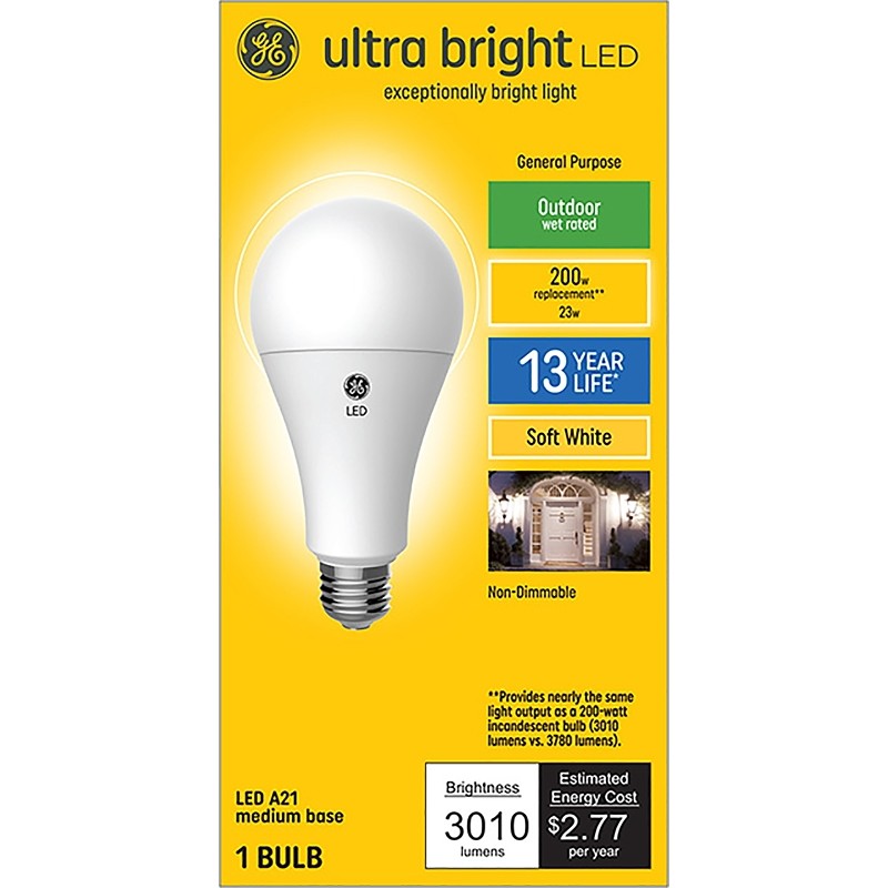 GE Ultra Bright 93128933 Light Bulb, A21 Lamp, 200 W Equivalent, Medium (E26) Lamp Base, Non-Dimmable, Soft White Light