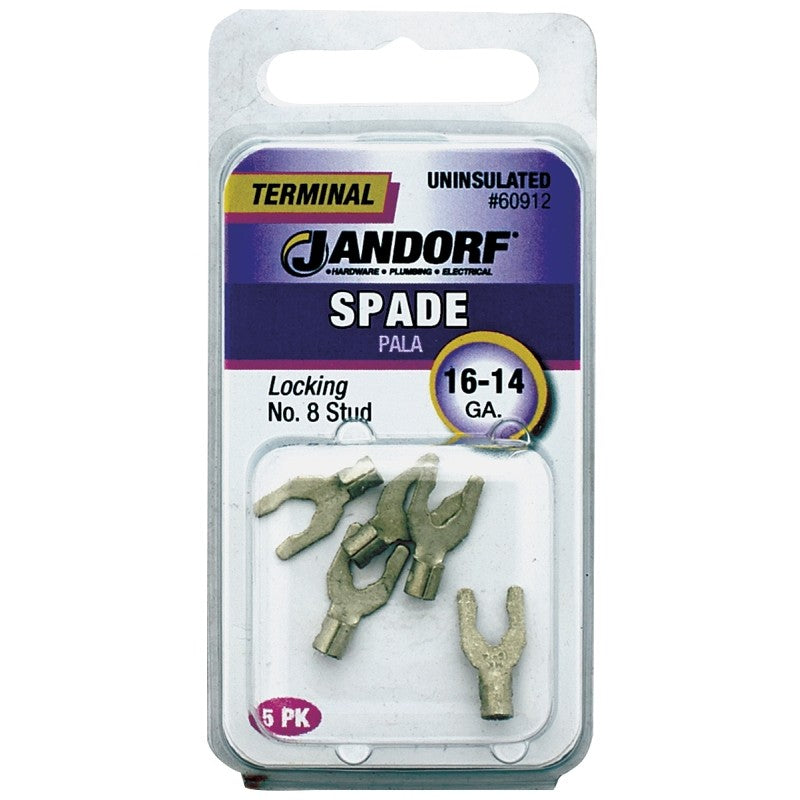 Jandorf 60912 Spade Terminal, 600 V, 16 to 14 AWG Wire, #8 Stud, Copper Contact, Tin, 5/PK