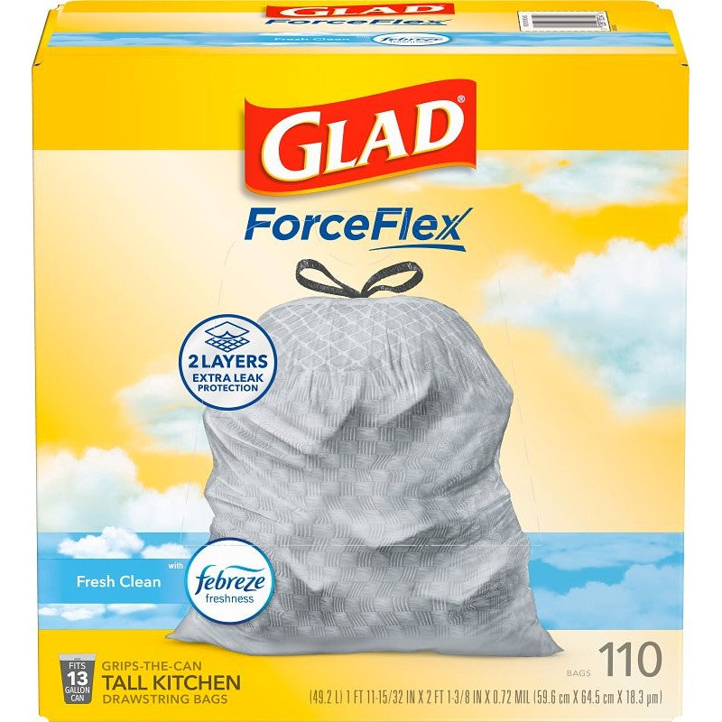 Glad ForceFlex 78554 Tall Kitchen Trash Bag, 13 gal, Polyethylene Resin, Gray