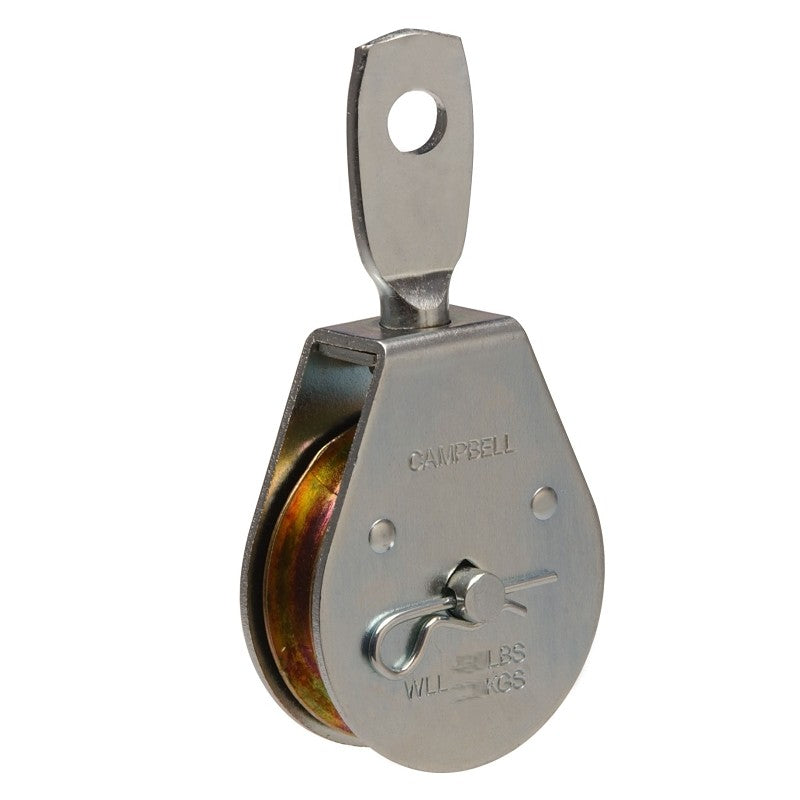 Campbell T7550301 Pulley, Single Sheave, 3/8 in Rope, 420 lb Working Load, 1-1/2 in Sheave, Zinc