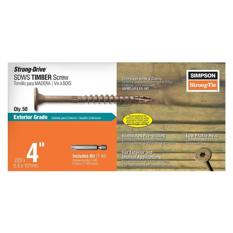 Simpson Strong-Tie Strong-Drive SDWS SDWS22400DB-R50 Timber Screw, 4 in L, Serrated Thread, Washer Head, Steel, Tan