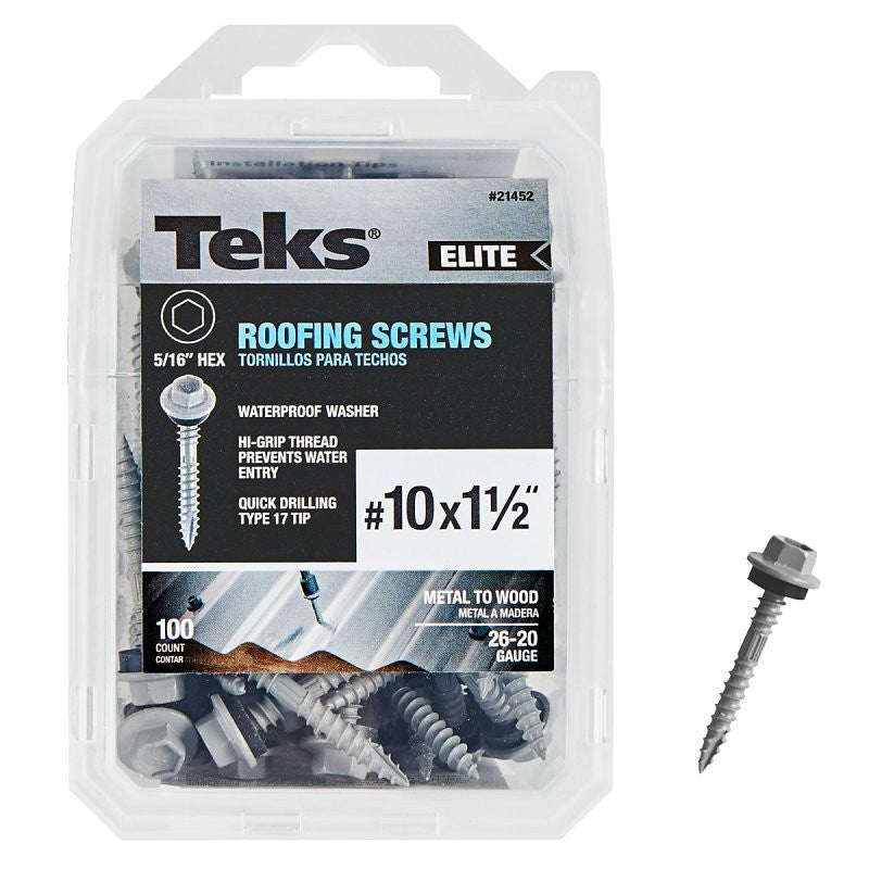 Teks Elite Series 21452 Roofing Screw, 1-1/2 in L, Coarse Thread, Washer Head, Hex Drive, Sharp Point, Steel, 100