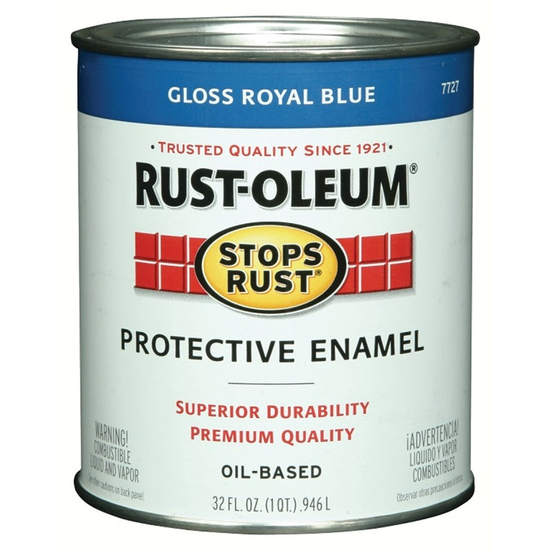 Rust-Oleum Stops Rust 7727502 Enamel Paint, Oil, Gloss, Royal Blue, 1 qt, Can, 50 to 90 sq-ft/qt Coverage Area