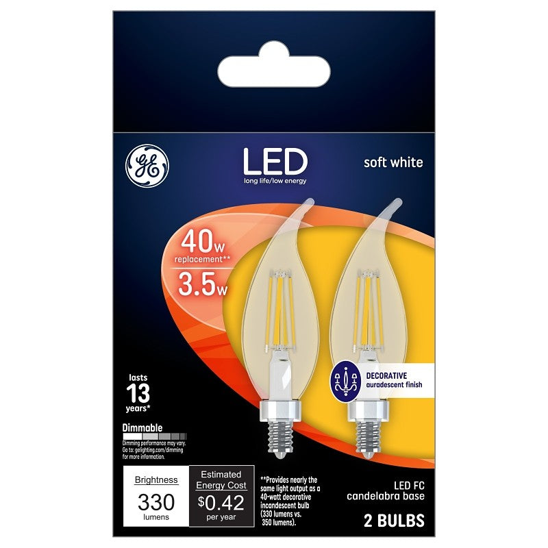GE 93103493 Light Bulb, Decorative, Flame Lamp, 40 W Equivalent, Candelabra Lamp Base, Dimmable, Clear, Soft White Light