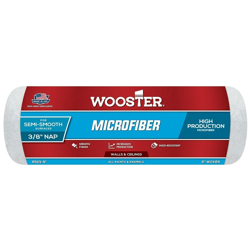 WOOSTER R523-9 Roller Cover, All Paints Paint, 3/8 in Thick Nap, Microfiber Cover, Green