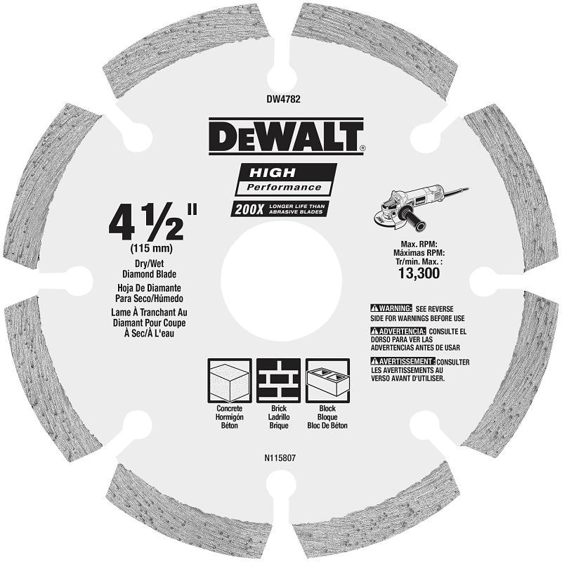 DEWALT DW4782 Saw Blade, 4-1/2 in Dia, 7/8 in Arbor, Diamond Cutting Edge, Segmented Rim