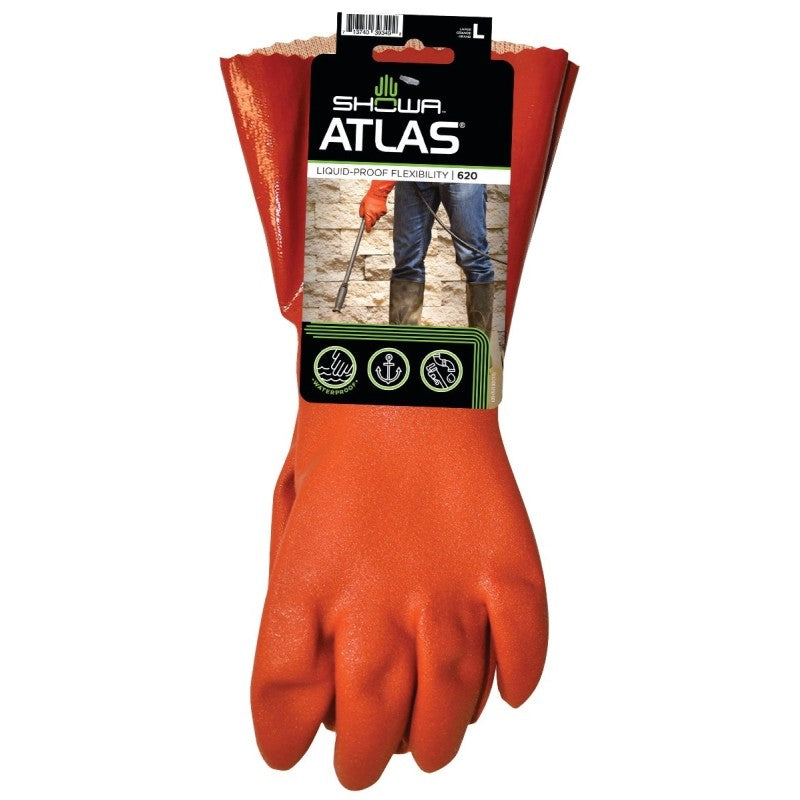 Showa 620L-09.RT Coated Gloves, L, 12 in L, Gauntlet Cuff, PVC, Orange