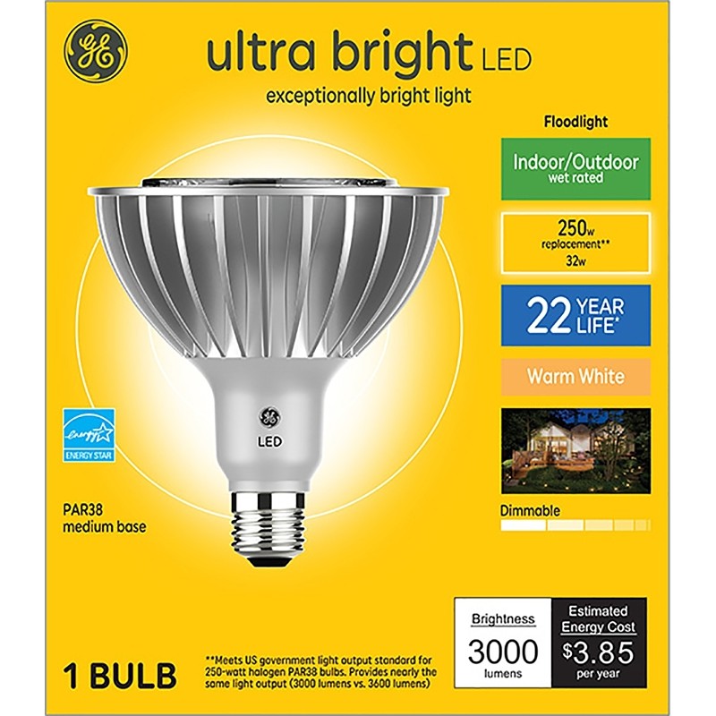 GE 37667 LED Bulb, Flood/Spotlight, PAR38 Lamp, 250 W Equivalent, E26 Lamp Base, Dimmable, Warm White Light