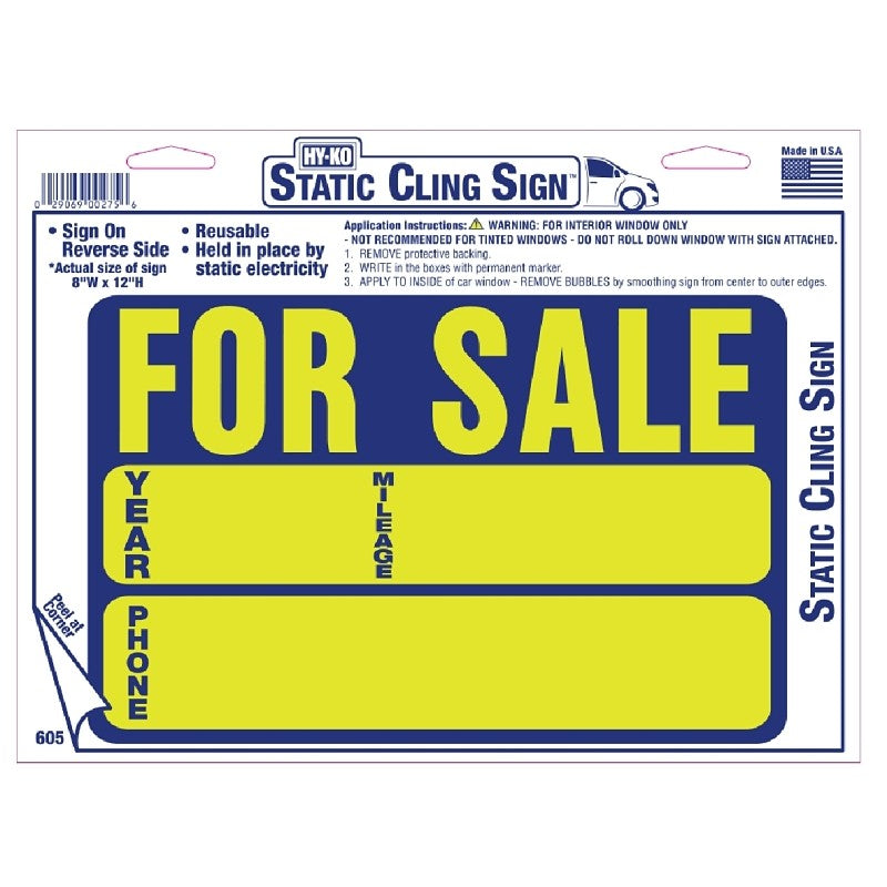 Hy-Ko 605 Static Cling Neon Sign, FOR SALE, Yellow Legend, Blue Background, Vinyl, 8 in H x 12 in W Dimensions (Pack of 10)