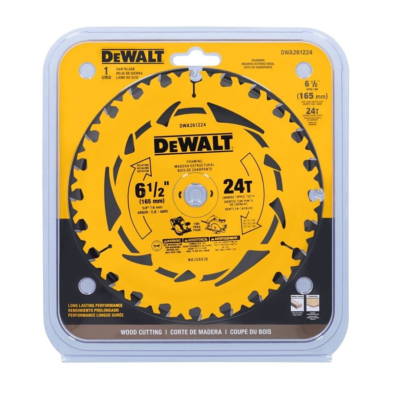 DEWALT DWA161224 Circular Saw Blade, 5/8 in Arbor, 6-1/2 in Dia, 24-Teeth, Tungsten Carbide Cutting Edge