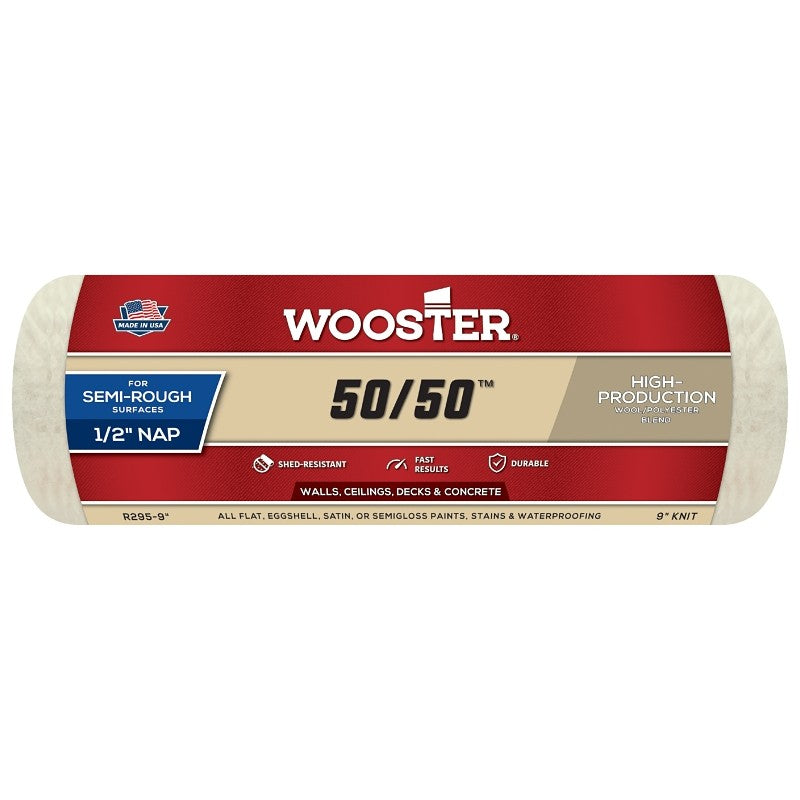 Wooster R295-9 Roller Cover, 1/2 in Thick Nap, 9 in L, Lambs Wool/Polyester Cover, Creamy