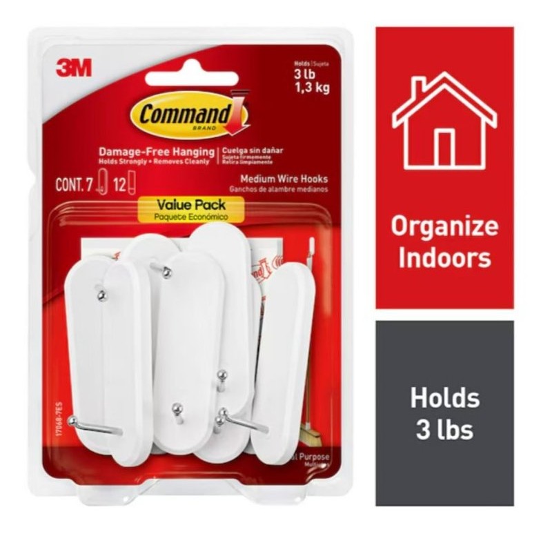 Command 17068-7ES Medium Hook, 3 lb, 7-Hook, Plastic, White