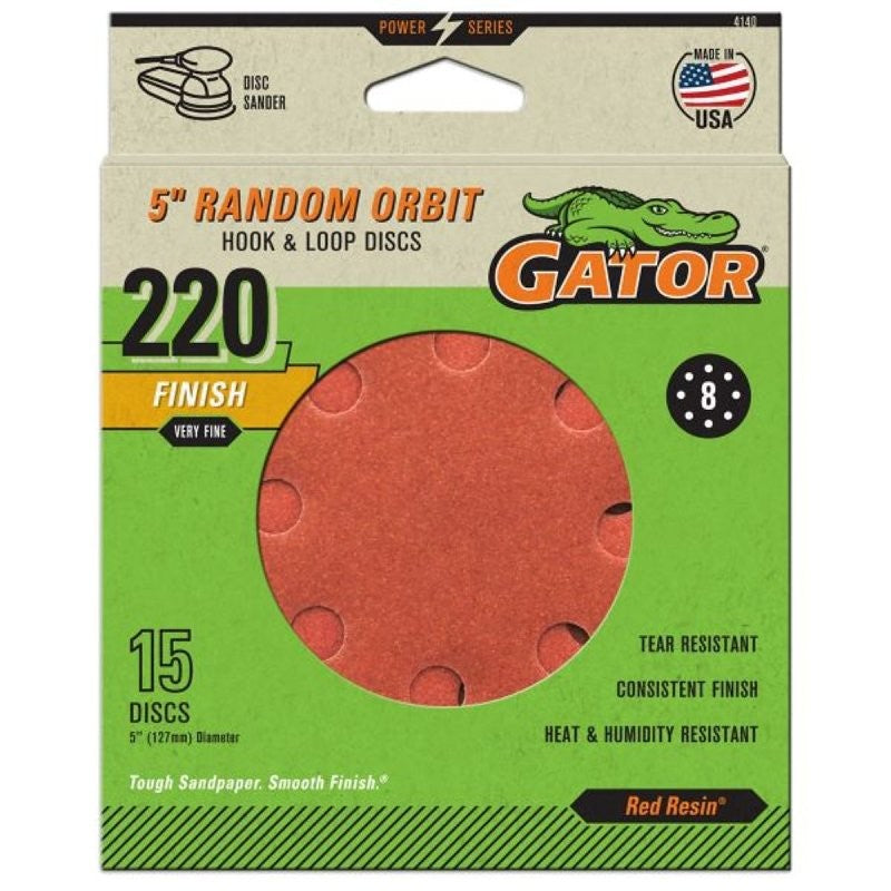 Gator 4140 Sanding Disc, 5 in Dia, 220 Grit, Extra Fine, Aluminum Oxide Abrasive, Vented, 15/PK