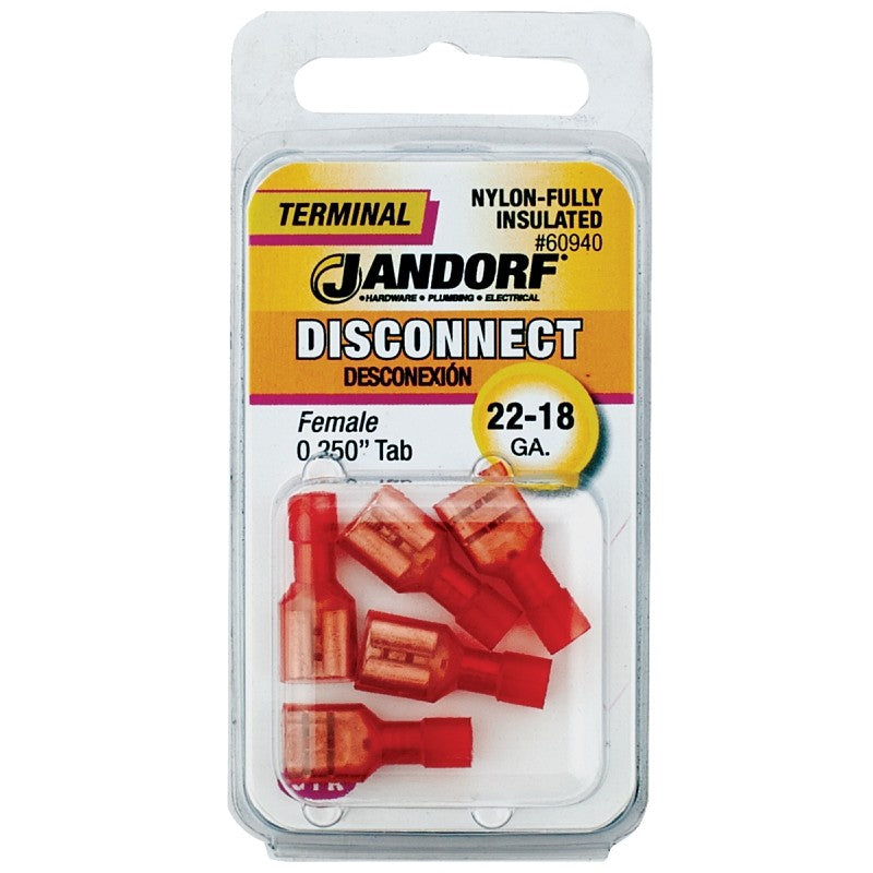 Jandorf 60940 Disconnect Terminal, 22 to 18 AWG Wire, Nylon Insulation, Copper Contact, Red