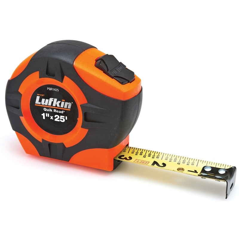 Crescent Lufkin Quikread Series PQR1425N Tape Measure, 25 ft L Blade, 1 in W Blade, Steel Blade, ABS Case, Orange Case