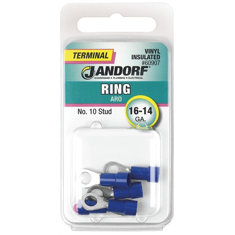 Jandorf 60907 Ring Terminal, 16 to 14 AWG Wire, #10 Stud, Vinyl Insulation, Copper Contact, Blue
