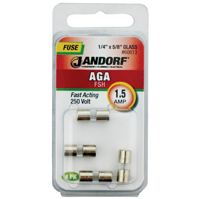 Jandorf 60613 Series Fast Acting Fuse, 0.07 Ohm, 1.5 A, 250 V, 100 A, 10 kA Interrupt, Glass Body