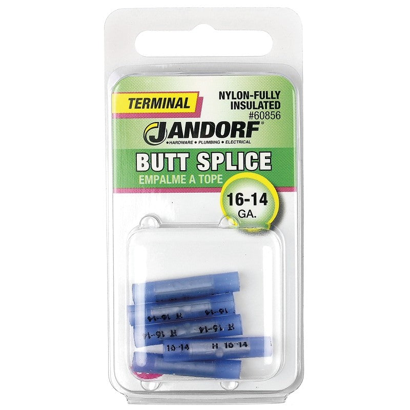 Jandorf 60856 Butt Splice Connector, 16 to 14 AWG Wire, Nylon Insulation, Copper Contact, Blue