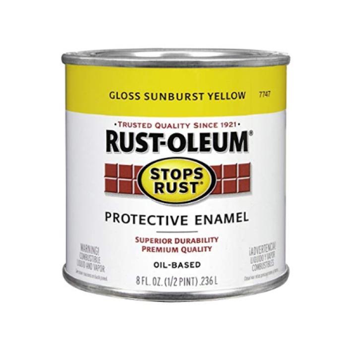 Rust-Oleum Stops Rust 7747730 Enamel Paint, Oil, Gloss, Sunburst Yellow, 0.5 pt, Can, 50 to 90 sq-ft/qt Coverage Area