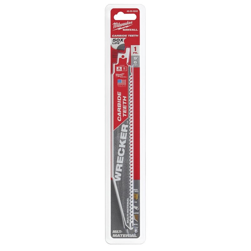 Milwaukee WRECKER 48-00-5242 Reciprocating Saw Blade, 9 in L, 6 TPI, Carbide Cutting Edge