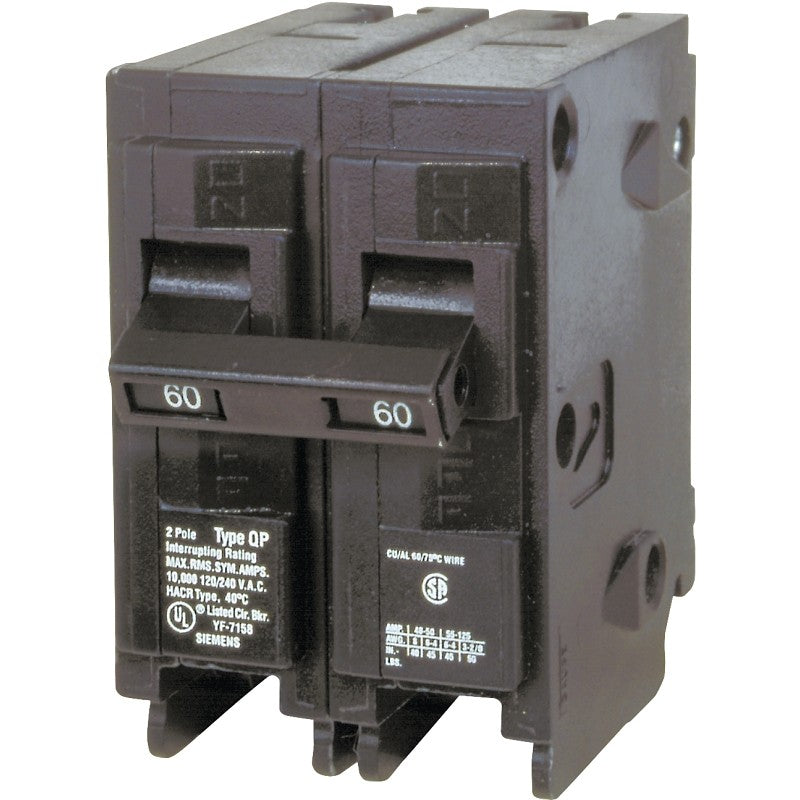 Siemens Q260 Circuit Breaker, Mini, 60 A, 2 -Pole, 120/240 V, Fixed Trip, Plug Mounting