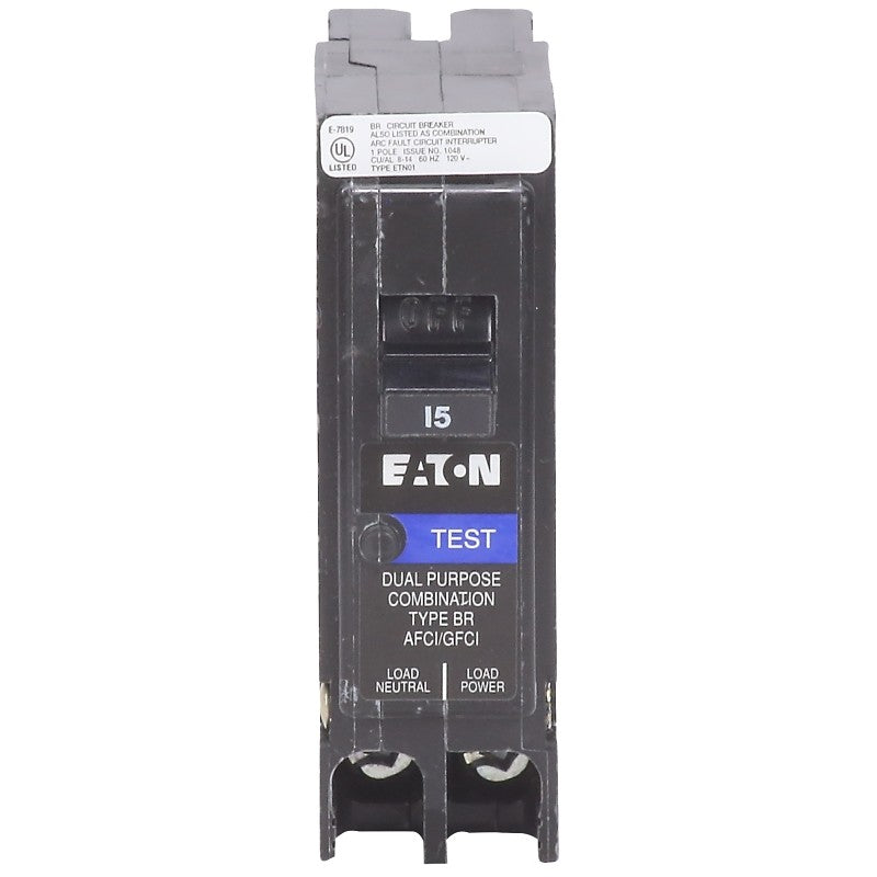 Eaton BRP115DF Circuit Breaker, AFCI, BR, GFCI, 15 A, 1-Pole, 120 VAC, Plug