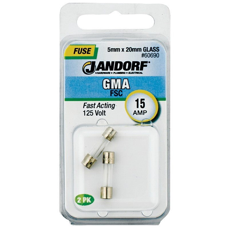 Jandorf 60690 Fast Acting Fuse, 15 A, 125 V, 150 A Interrupt, Glass Body
