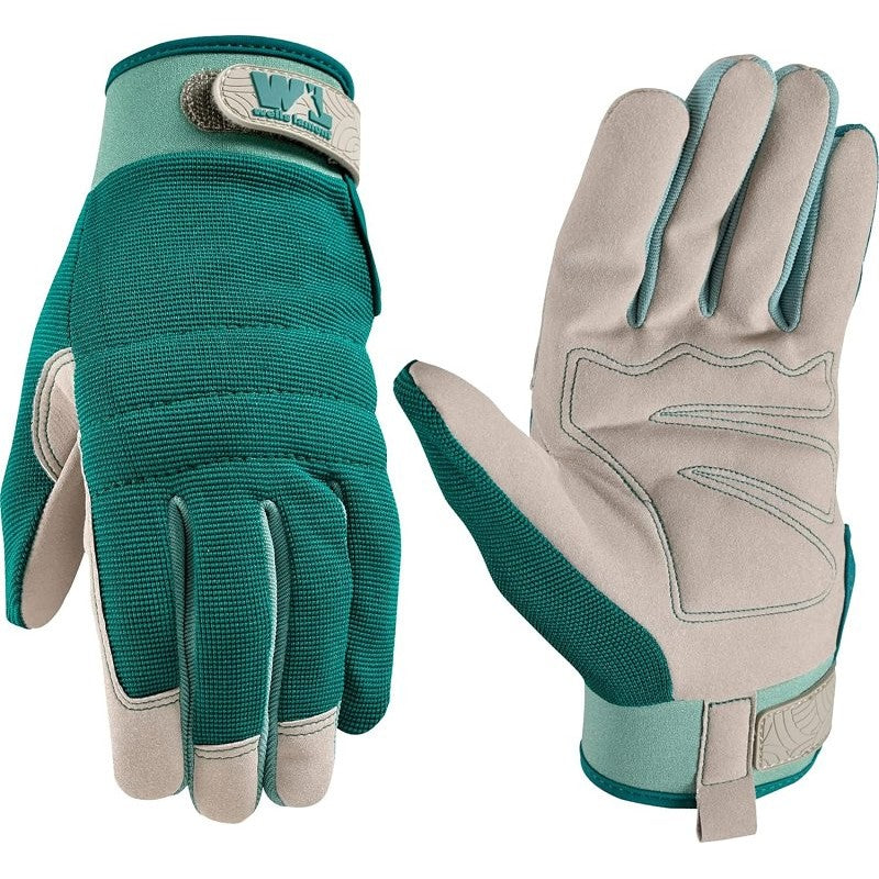 Wells Lamont 7754-L Gloves, High-Dexterity, Lightweight, Women's, L, Adjustable Wrist Strap Cuff, Gray/Green