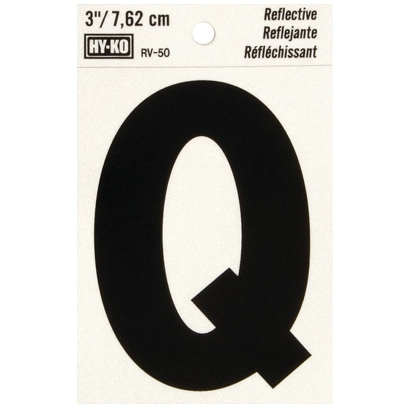 Hy-Ko RV-50/Q Reflective Letter, 2-1/2 in W x 4 in H Dimensions, Character: Q, 3 in H Character, Black Character, Vinyl (Pack of 10)