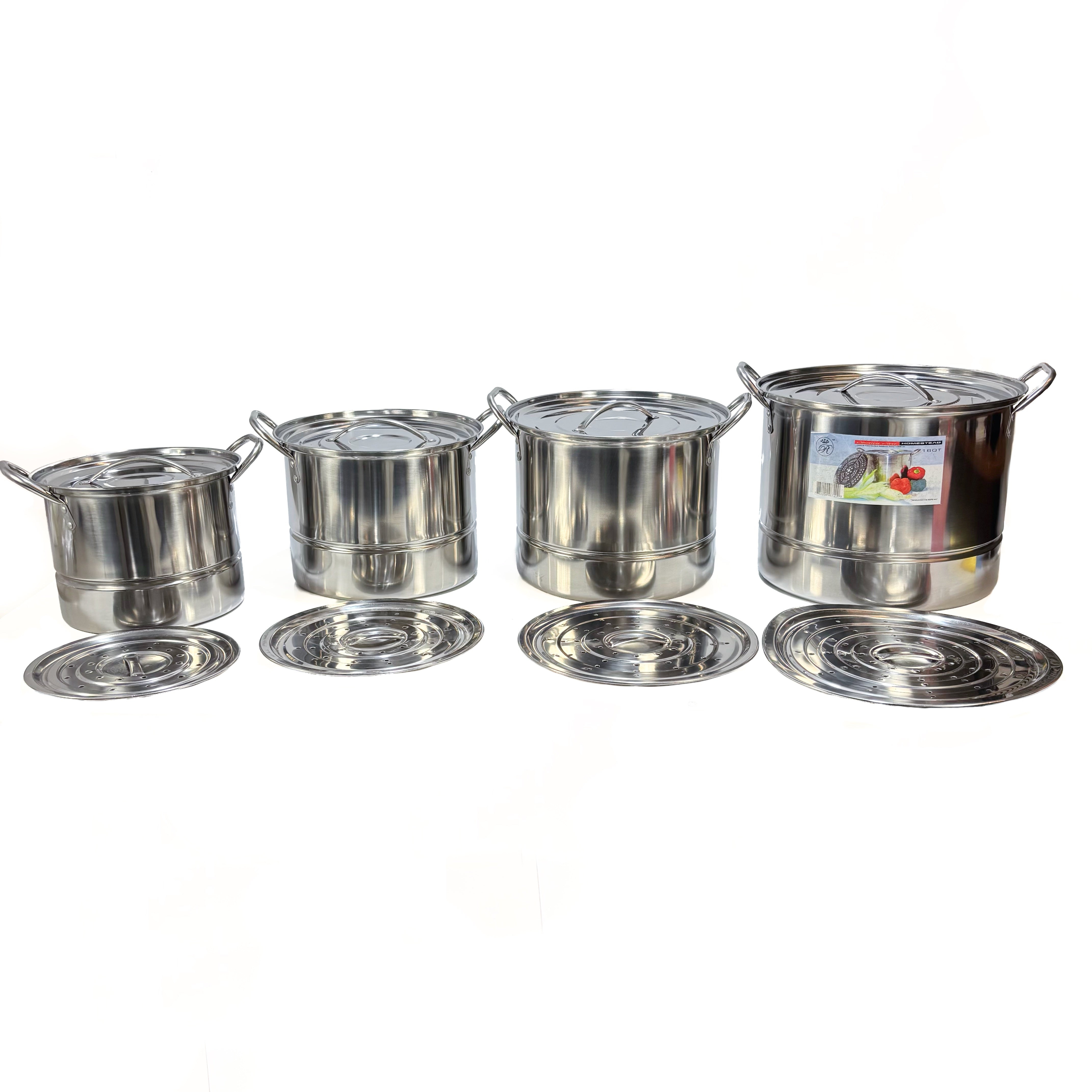 Stainless Steel Steamer Pot 4 ece Set With Vented And Closed Lids