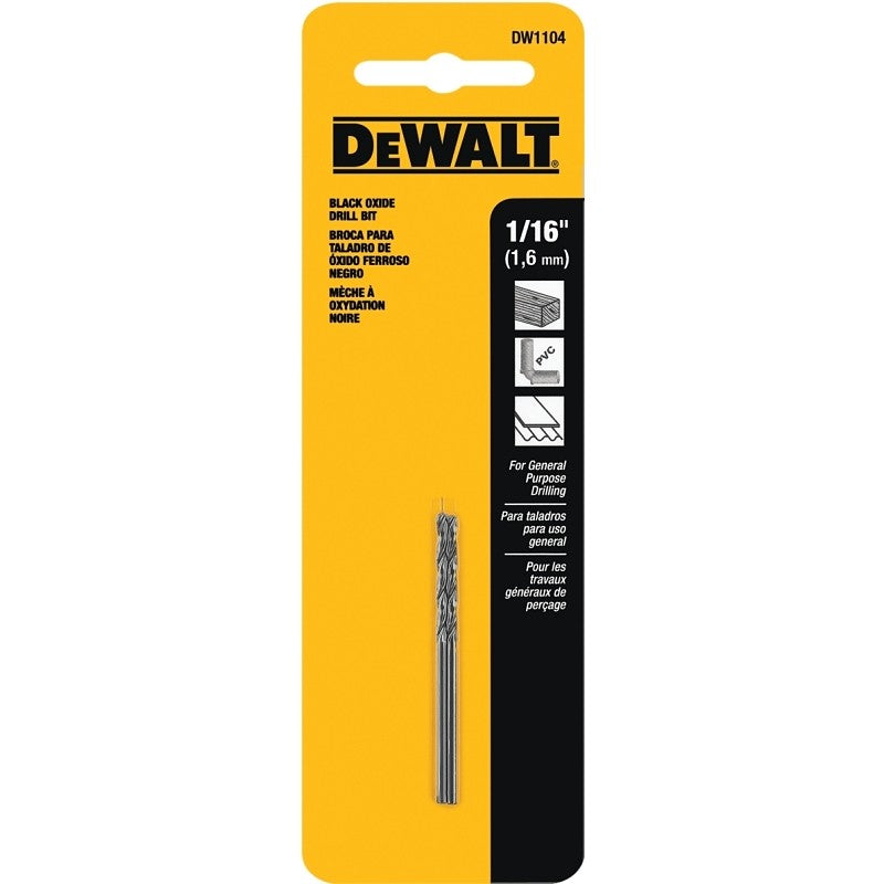 DEWALT DW1104 Jobber Drill Bit, 1/16 in Dia, 1-7/8 in OAL, Parabolic Flute, 1/16 in Dia Shank, Round Shank (Pack of 5)