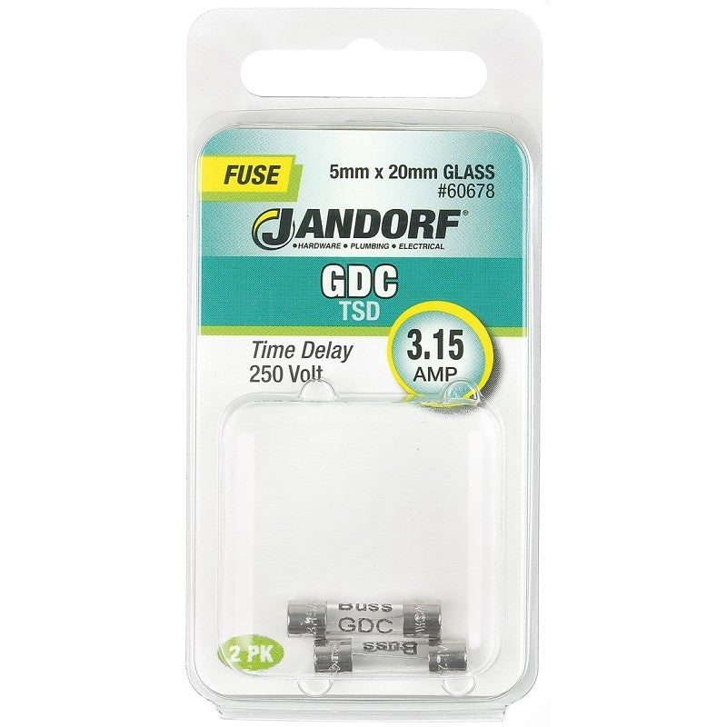 Jandorf 60678 Series Time Delay Fuse, 0.01 Ohm, 3.15 A, 250 V, 35 A Interrupt, Glass Body