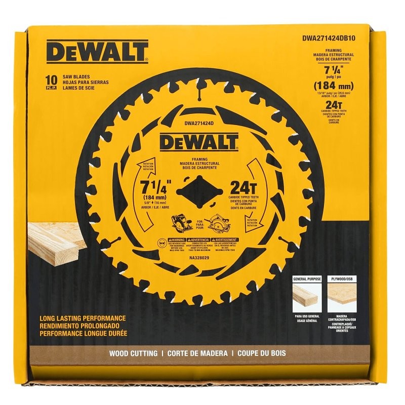 DEWALT DWA171424DB10 Circular Saw Blade, 7-1/4 in Dia, 5/8 in Arbor, 24-Teeth, Tungsten Carbide Cutting Edge, 10/PK (Pack of 10)