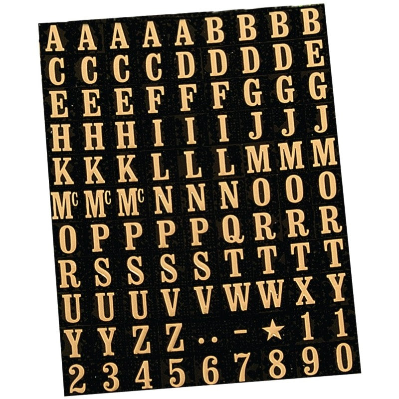 Hy-Ko MM-1 Packaged Number and Letter Set, 5/16 in H Character, Gold Character, Black Background, Mylar (Pack of 10)