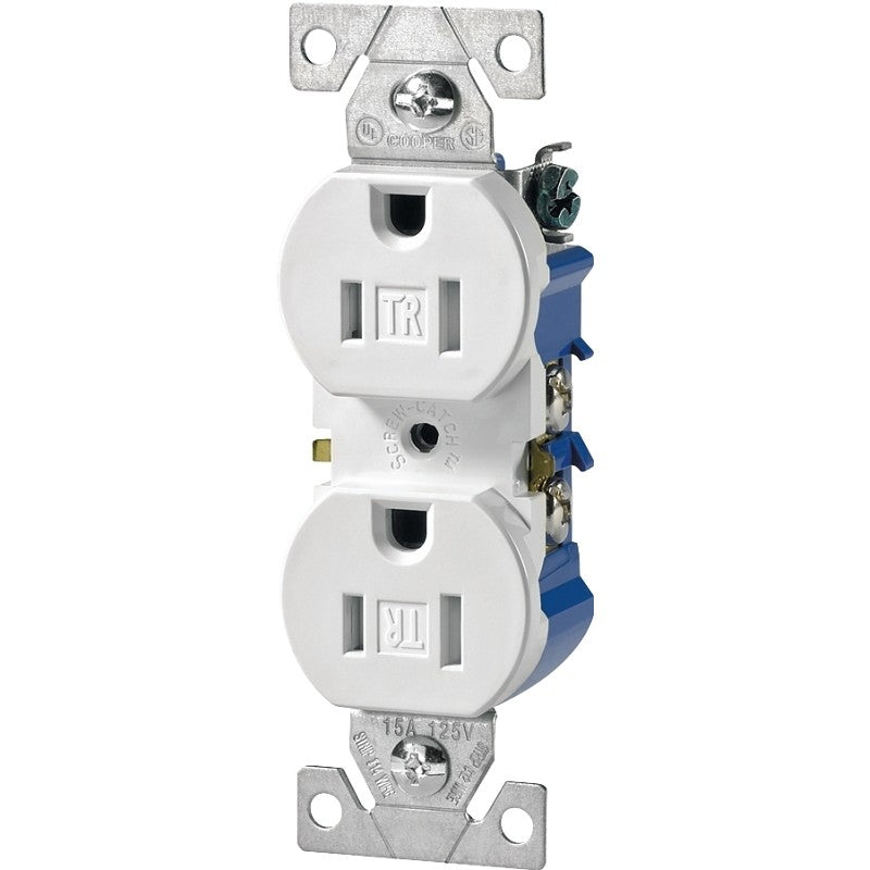 Eaton Wiring Devices TR270W-BOX Duplex Receptacle, PVC, White, 2-Pole, 3-Wire, 125 V, Push-in, Side Wiring, NEMA: 5-15R