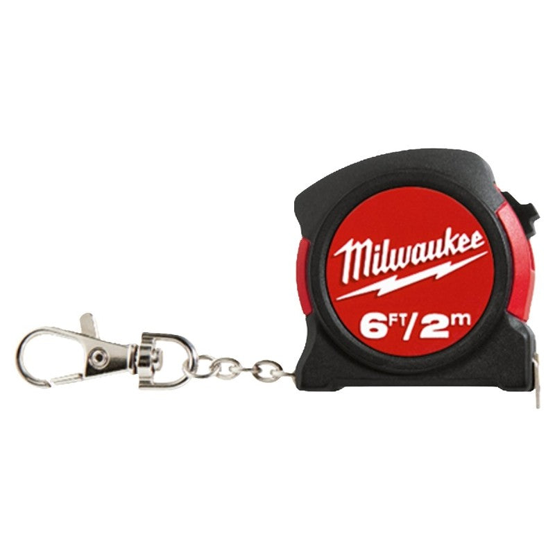 Milwaukee 48-22-1706 Keychain Tape Measure, 6 ft L Blade, 13 mm W Blade, Steel Blade, ABS Case, Black/Red Case
