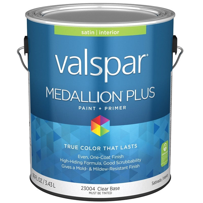 Valspar Medallion Plus 2300 028.0023004.007 Latex Paint, Acrylic Base, Satin Sheen, Clear Base, 1 gal, Plastic Can (Pack of 4)