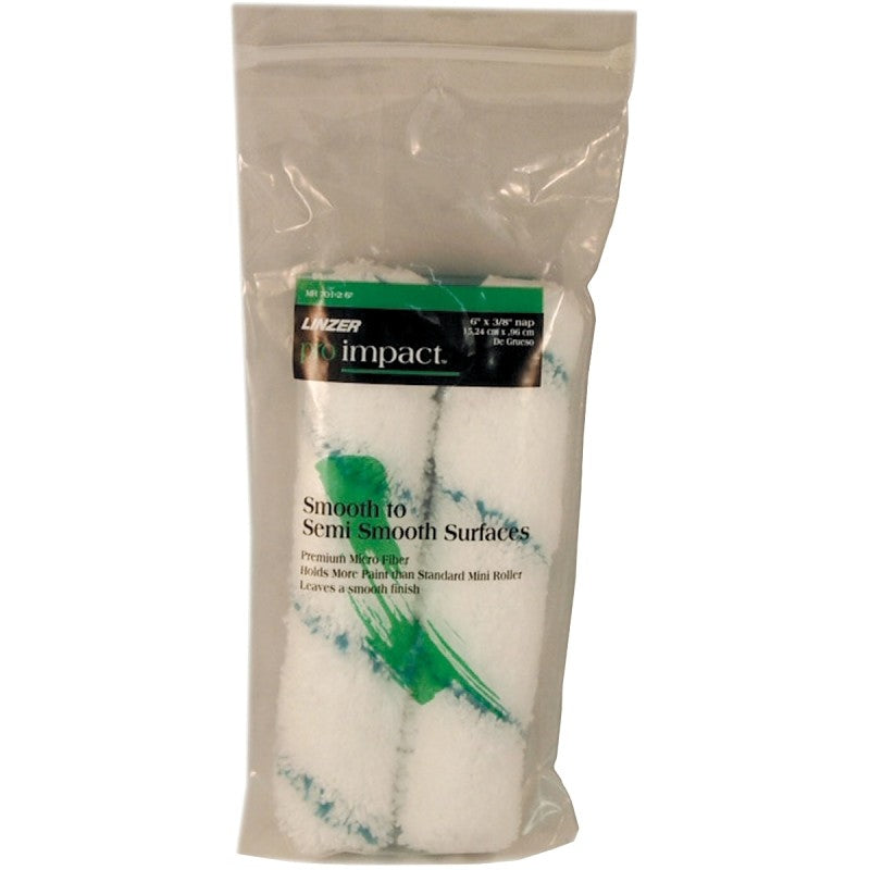 Linzer Pro Edge MR701-2 6 Mini Paint Roller Cover, 3/8 in Thick Nap, 6 in L, Microfiber Cover, Green/White